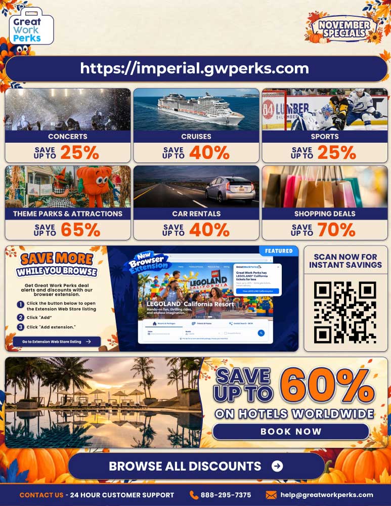 Imperial Valley College Great Work Perks employee discount flyer featuring November savings on hotels, theme parks, and entertainment.